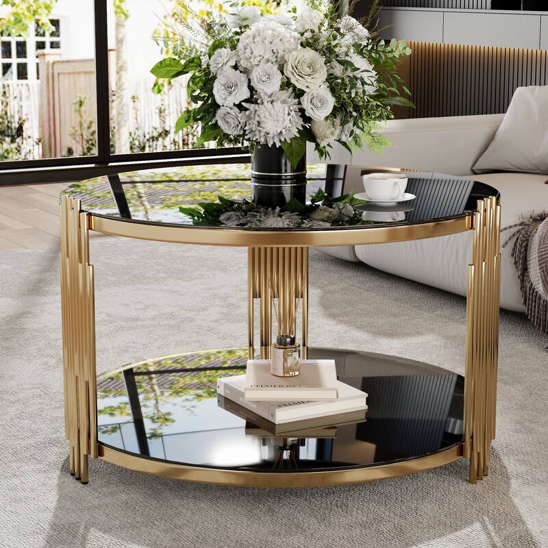 Modern Black Mirror Coffee Table, Asymmetrical Metal, Circular Metal Drum Base, Gold Finish & Lower Shelf