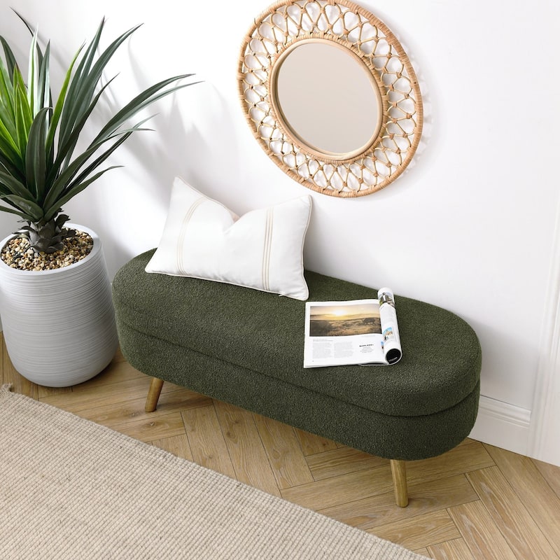 Ottoman Oval Storage Bench,Rubber Wood Legs - Green