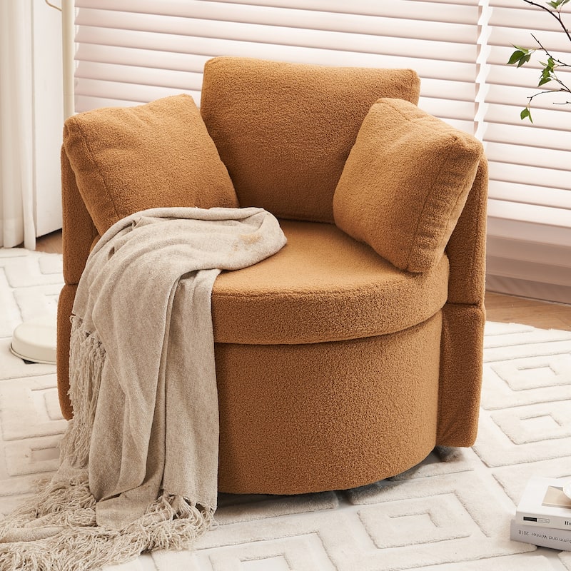 Swivel and Storage Chair, Teddy Fabric Barrel Chair with Pillows - Brown