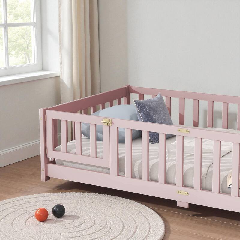 Twin Size Rubber Wood Floor Bed with Fence and Door, Montessori Platform Bed with Safety Guardrails for Kids
