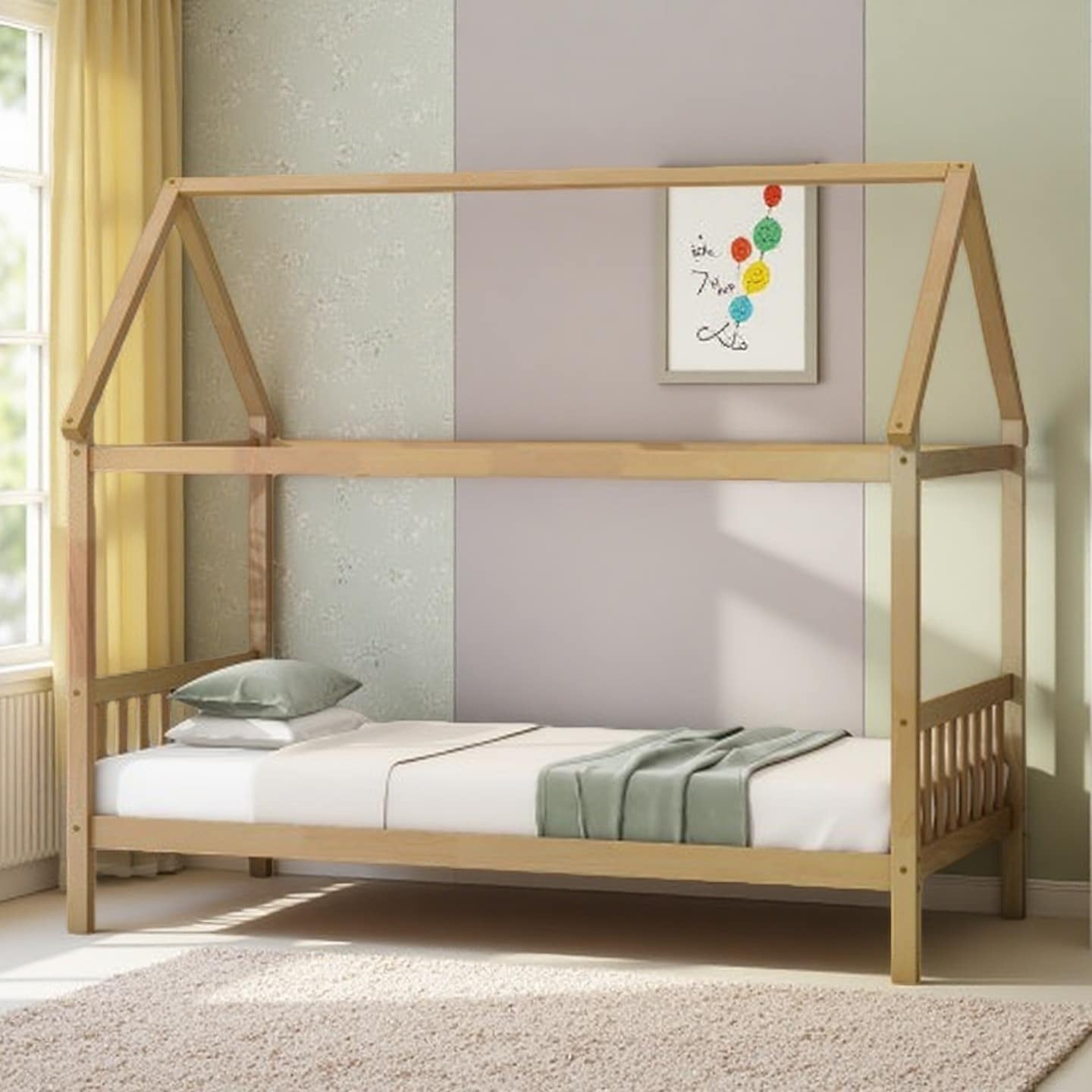 Twin House-Shaped Bed with Headboard & Footboard, Minimalist Design with Spacious Under-Bed Storage