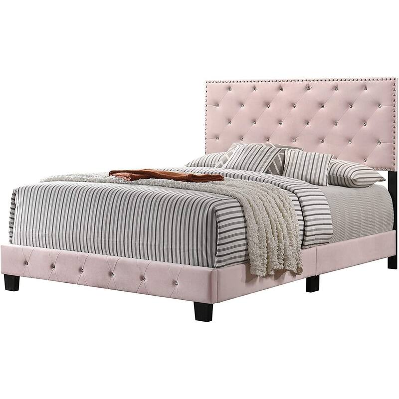 Full Bed Frame with Headboard, Classic Comfort Design, Pink Bedroom Furniture