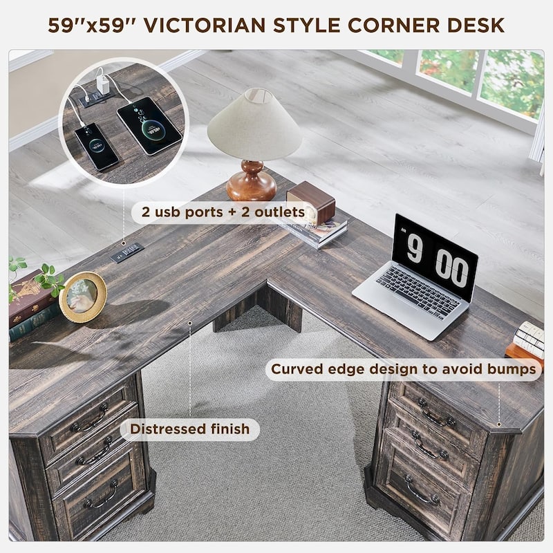 Farmhouse Executive L Shaped Desk, Wood Computer Corner Desk for Work