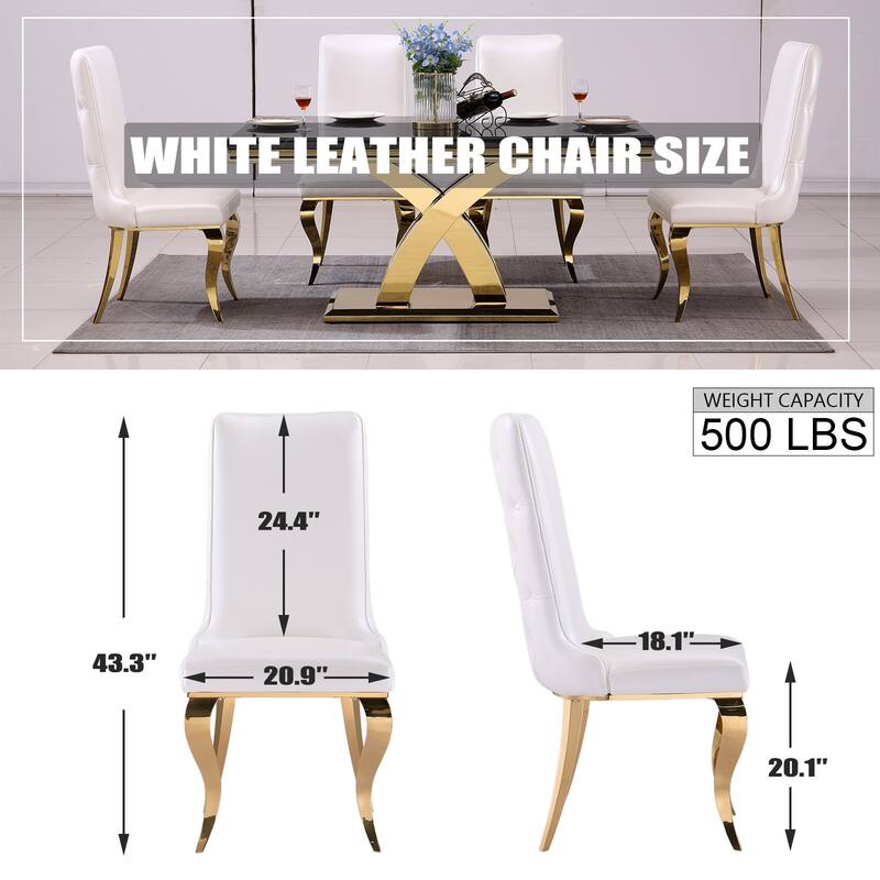 White Tufted Dining Chairs with PU Leather Upholstered and Polished Gold Legs