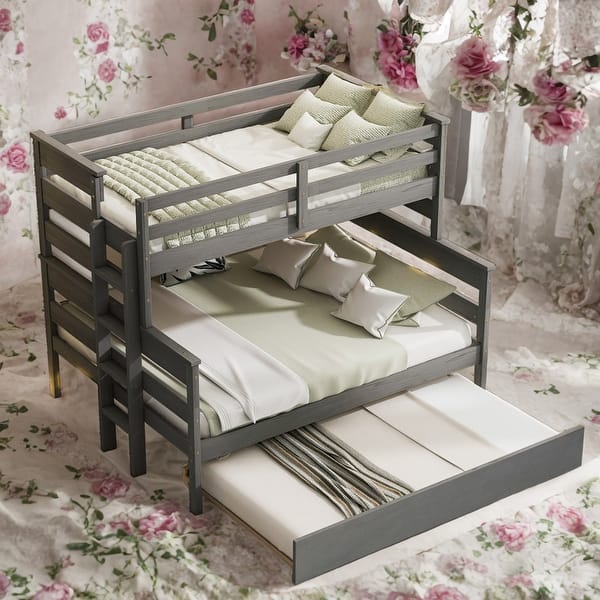 slide 2 of 24, Grey Twin Over Full Wood Bunk Bed With Twin Size Trundle for Bedroom Grey