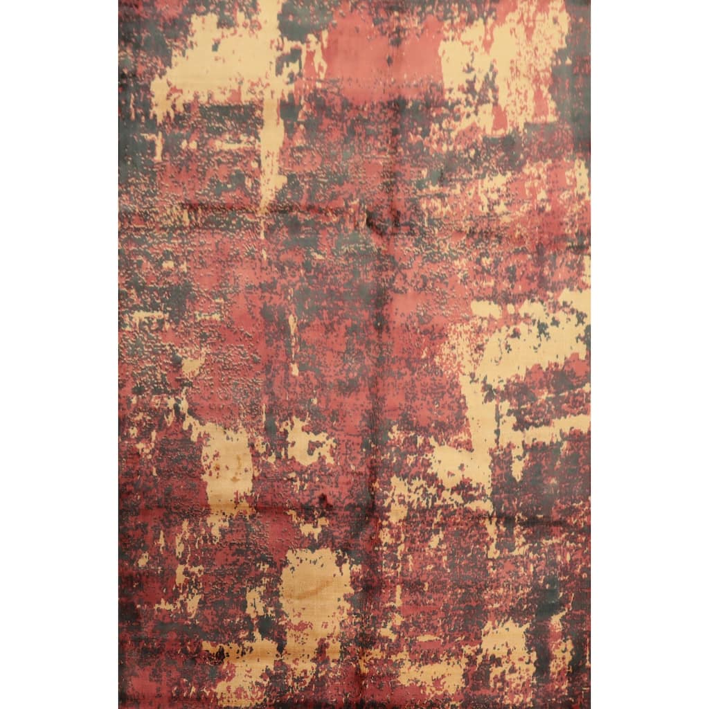 Hand Knotted Oriental Viscose Silk Carpet Modern Abstract Oranges & Rust Abstract Area Rug - 7' 0'' X 5' 5''