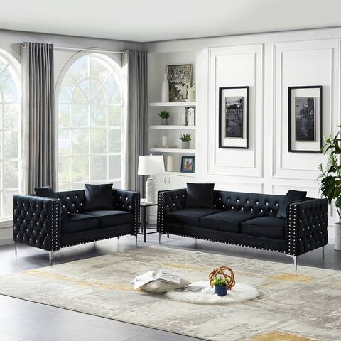 2 Piece Modern Velvet Upholstered Sofa Set Tufted Back Sofa and Loveseat with Jeweled Buttons & Nailheads, 4 Pillows Included