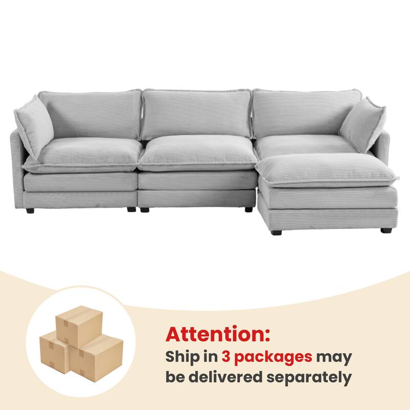3-Seat Corduroy Modular Sofa with an Independent Removable Ottoman for Living Room or Business