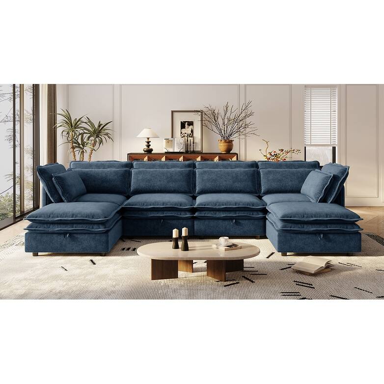 124.4" Polyester U-Shaped Modular Sleeper Sofa with Storage & Double-Layer Cushions