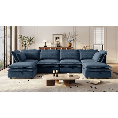 Double-Layer Cushion Modular Sofa with Storage Seat, 6-Seater Sectional Sofa for Livingroom Polyester Convertible Sofa Bed