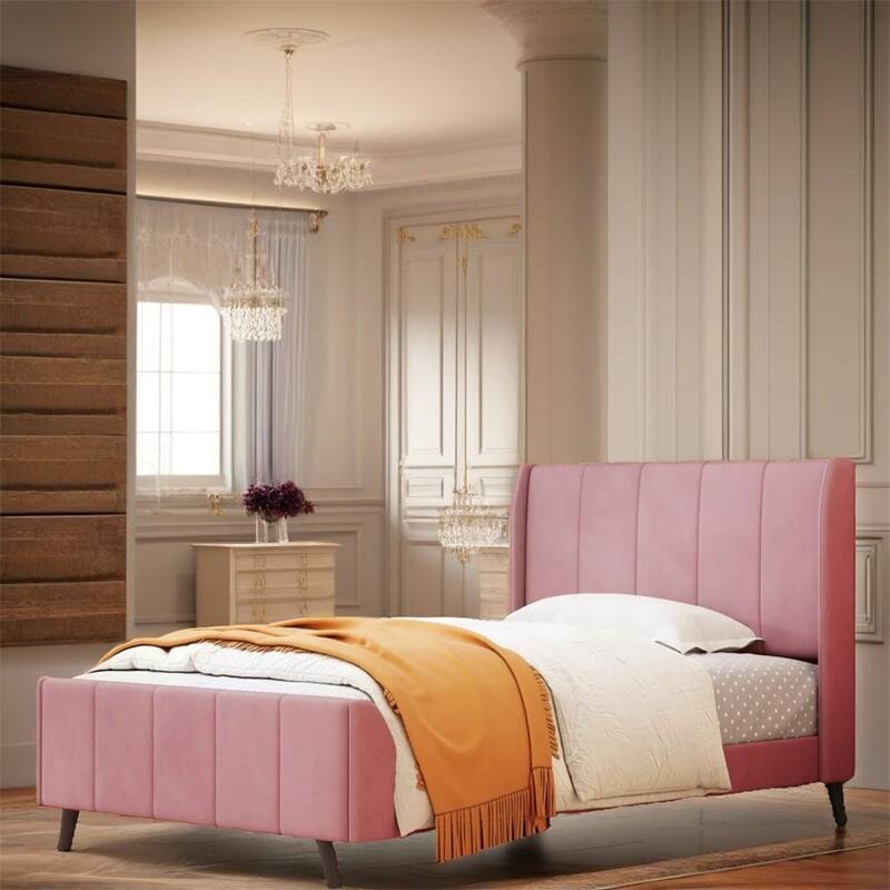 Twin Size Velvet Upholstered Platform Bed with Slats and Legs