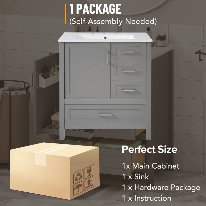 30" Modern Bathroom Vanity Set with Ceramic Sink - Soft-Close Doors & 3 Drawers, Storage Cabinet with Removable Tray