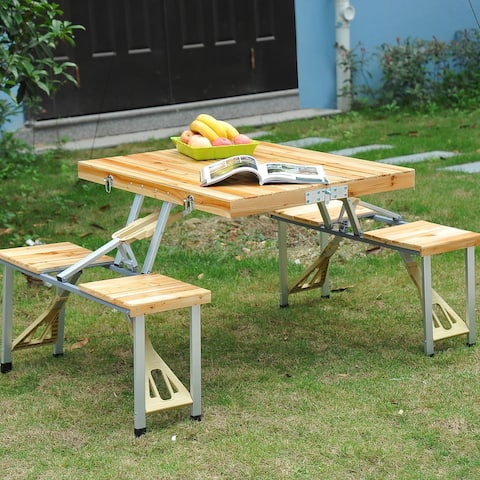 Outsunny 4 Person Wooden Portable Picnic Table Set with Umbrella Hole & Folding Suitcase Design, 4 Chairs
