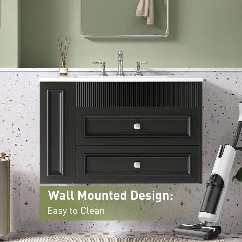 30" Wall Mounted Bathroom Vanity - Floating Storage Cabinet with 2 Drawers and 3-Hole Single Ceramic Sink