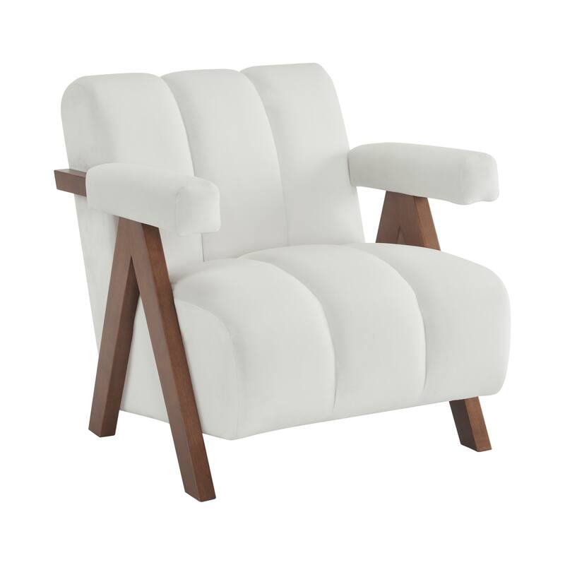 Roomfitters Mid-Century Modern Tufted Accent Chair with Walnut Solid Wood Frame and Inverted V-Legs, Ivory