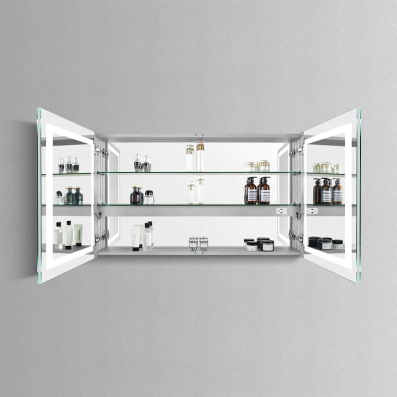 Modern Mirrors Andromeda Lighted Bathroom Vanity Mirror with Storage Cabinet, Double Sided Mirrored Door Panels 2x USB Port