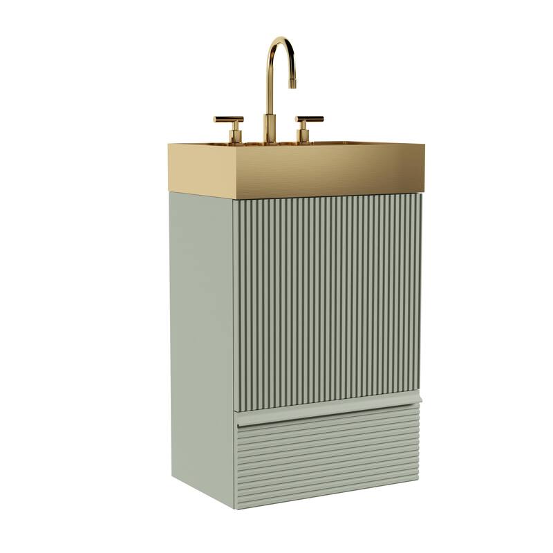 20" Striped Bathroom Vanity with Integrated Brushed Gold Metal Vessel Bathroom Sink, Freestanding Bathroom Cabinet