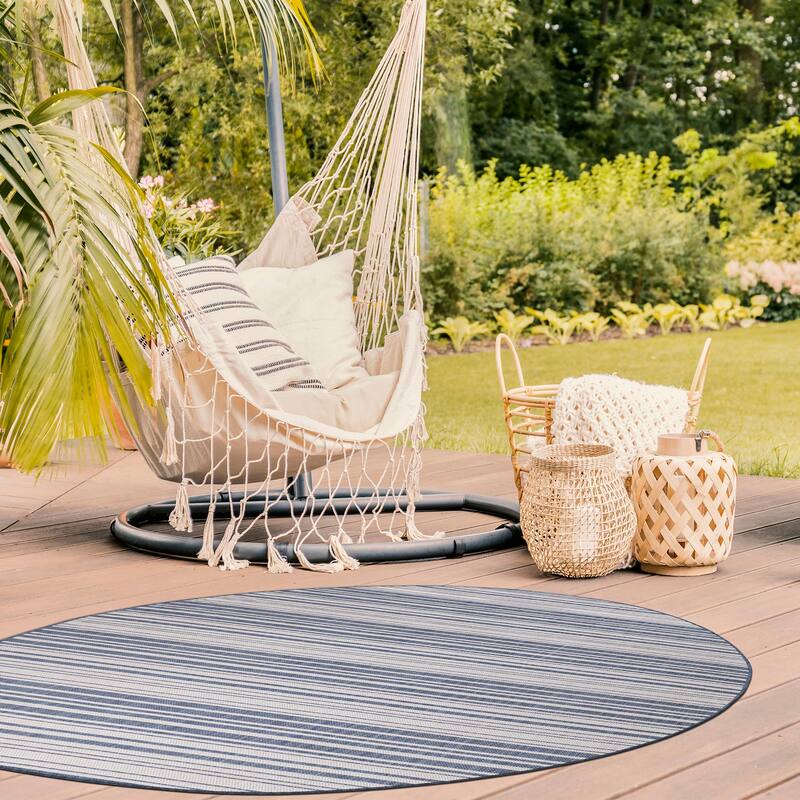 Beverly Rug Blue Striped Indoor Outdoor Rug, Outside Carpet for Patio, Deck, Porch