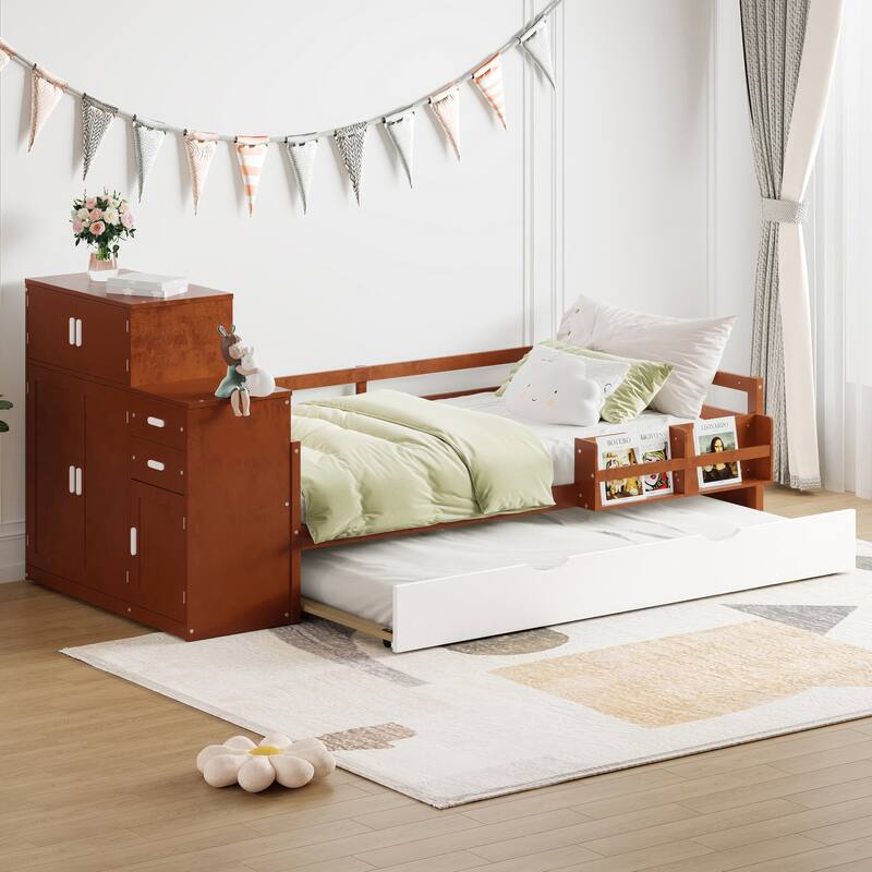 Multifunctional Twin Wood Platform Bed with Bookshelf, Wardrobe, and Trundle, Walnut Finish - Walnut