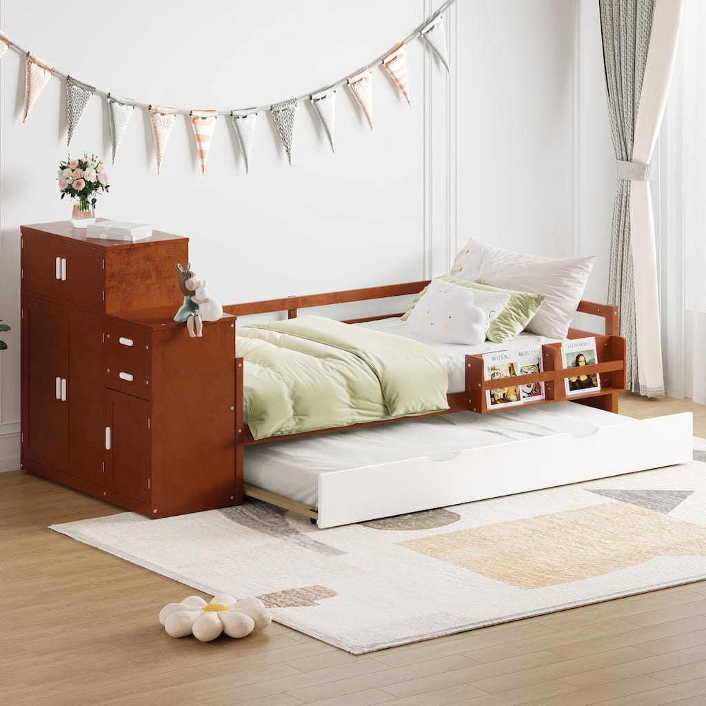 Multifunctional Twin Wood Platform Bed with Bookshelf, Wardrobe, and Trundle, Walnut Finish