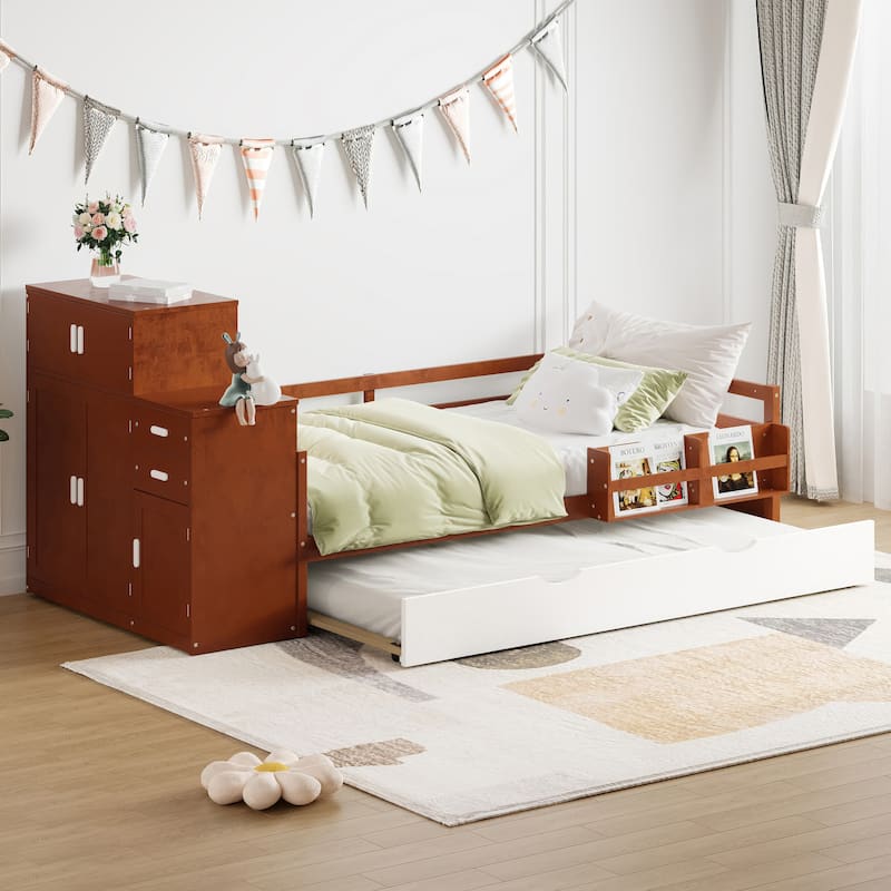 Twin Size Wood Platform Bed with Sample Bookshelf and Movable Wardrobe, Multifunctional Bed with Built-in Trundle Bed, White