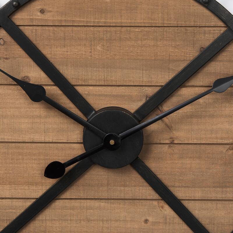 Lewiston Black Iron With Brown Wood 30" Round Wall Clock - 30.1"W x 1.9"D x 30.1"H