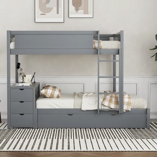 Full-Over-Full Bunk Bed Trundle, Desk, USB Ports, Drawers - Gray