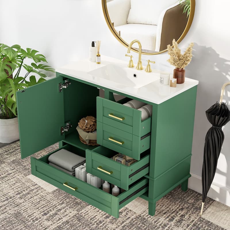 36" Bathroom Vanity with Ceramic Sink,Solid Pine Frame