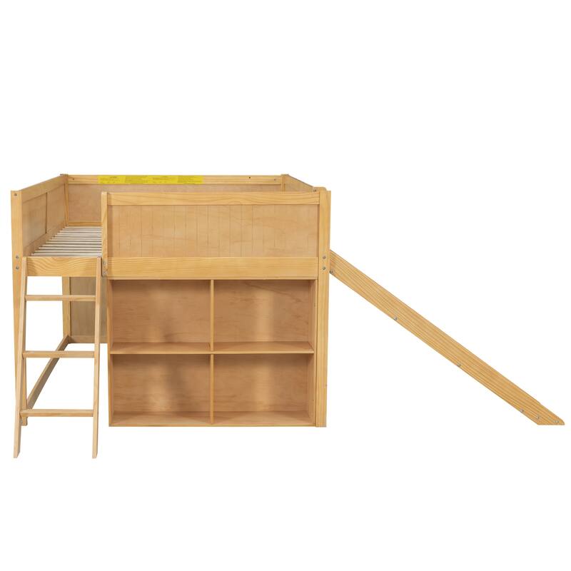 Full Size Wooden All-in-One Fairytale Low Loft Bed with Side Storage Shelves and Slide, Door and Window Design