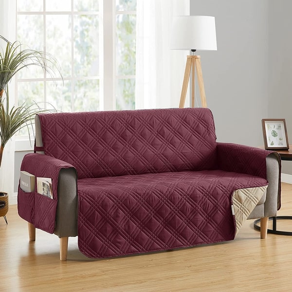 Teflon Newfield Reversible Love Seat Cover, Burgundy and Tan Bed Bath