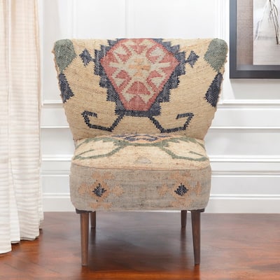 HomeRoots 26" Beige Blue and Red Jute Southwestern Wingback Chair - 26' X '30' X '30