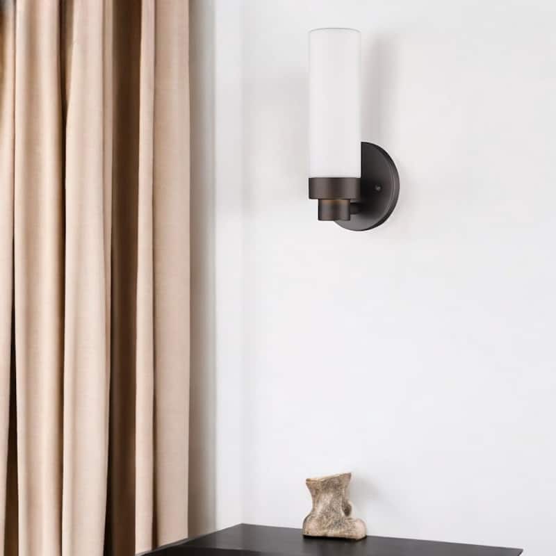 Minimalist Wall Sconce with Narrow Frosted Glass and Metal Base - 3.75” x 4.75” x 10” - Bronze