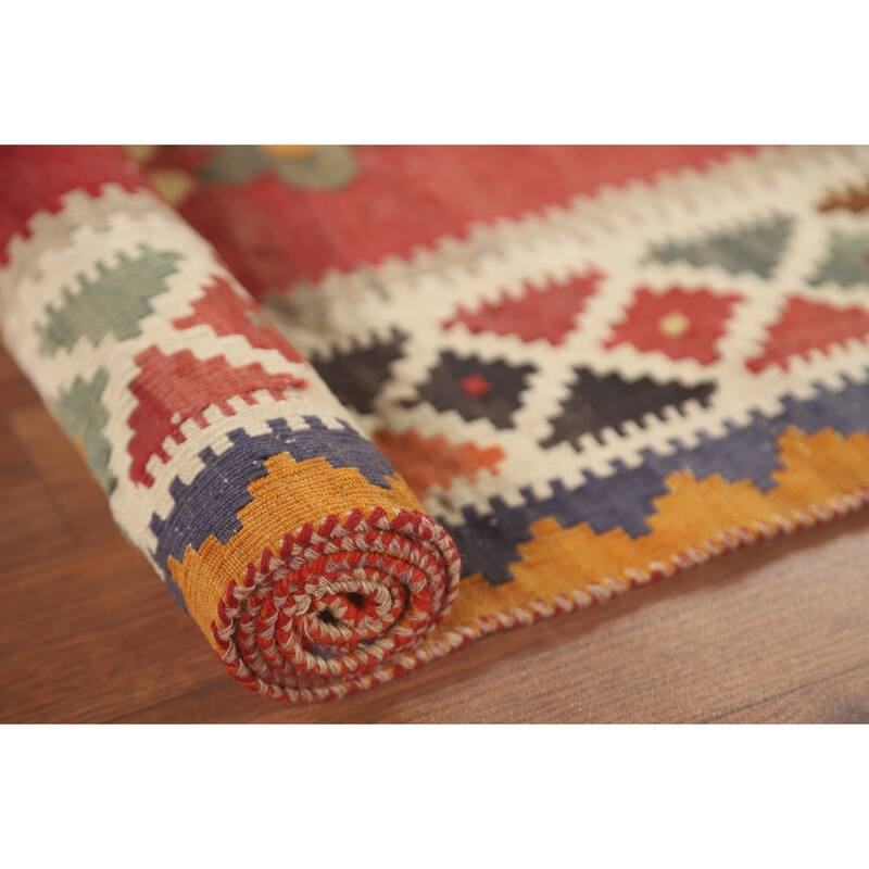 Red Medallion Kilim Qashqai Persian Vintage Rug Flatweave Wool Carpet - 5'1" x 8'3"