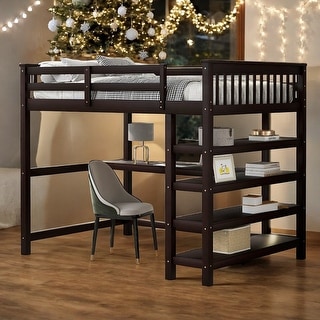 Full Size Loft Bed with Storage Shelves and Under-bed Desk, Black