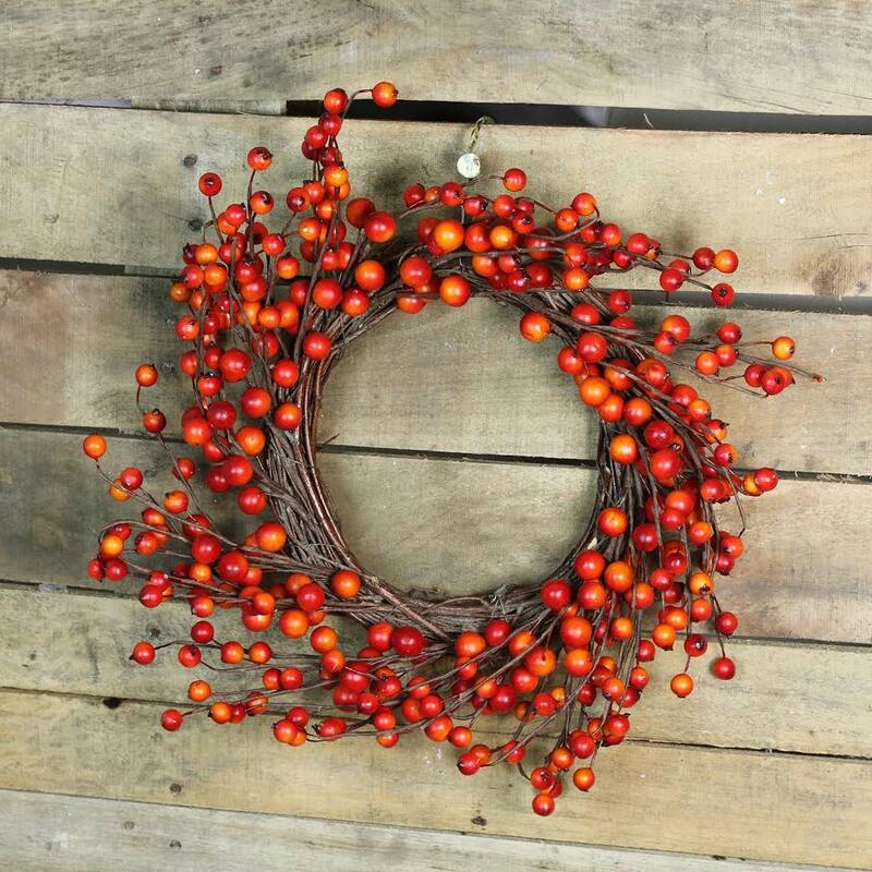 Orange Berries and Twig Artificial Fall Harvest Wreath 14- Inch, Unlit