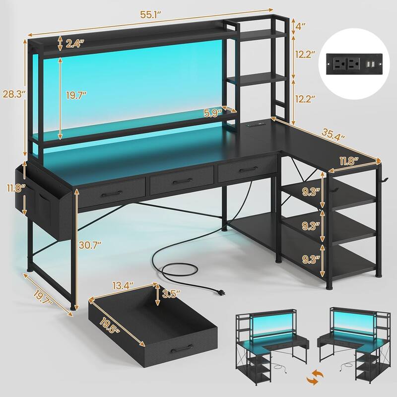 55" L Shaped Gaming Desk Corner Computer Desk Fabric Drawers