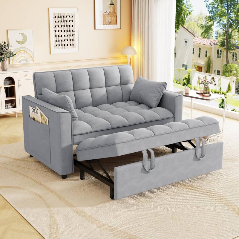 Anmytek Modern Velvet Small Loveseat Pull Out Sleeper Sofa Bed with Pillows and Side Pockets