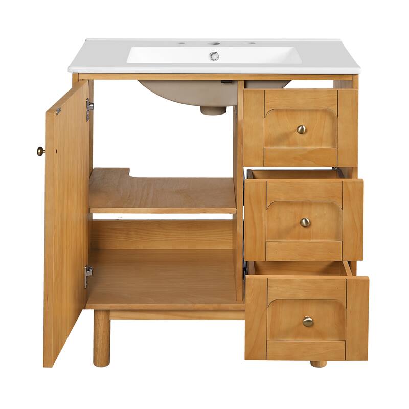 30 Inch Bathroom Vanity with Ceramic Sink, Bathroom Vanity with 3 Drawers,1 large Soft Closing Door, Bathroom Storage Cabinet