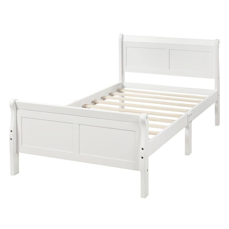 Wood Platform Bed Frame, Twin Size Panel Bed with Sleigh Headboard Footboard and Slat Support, Easy to Assemble Slat Bed