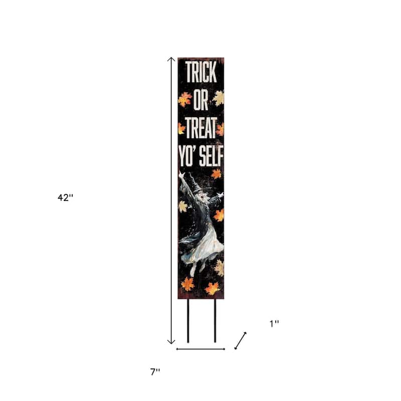 HomeRoots 42" Black Orange And White Solid Wood Trick or Treat Halloween Witch Garden Stake