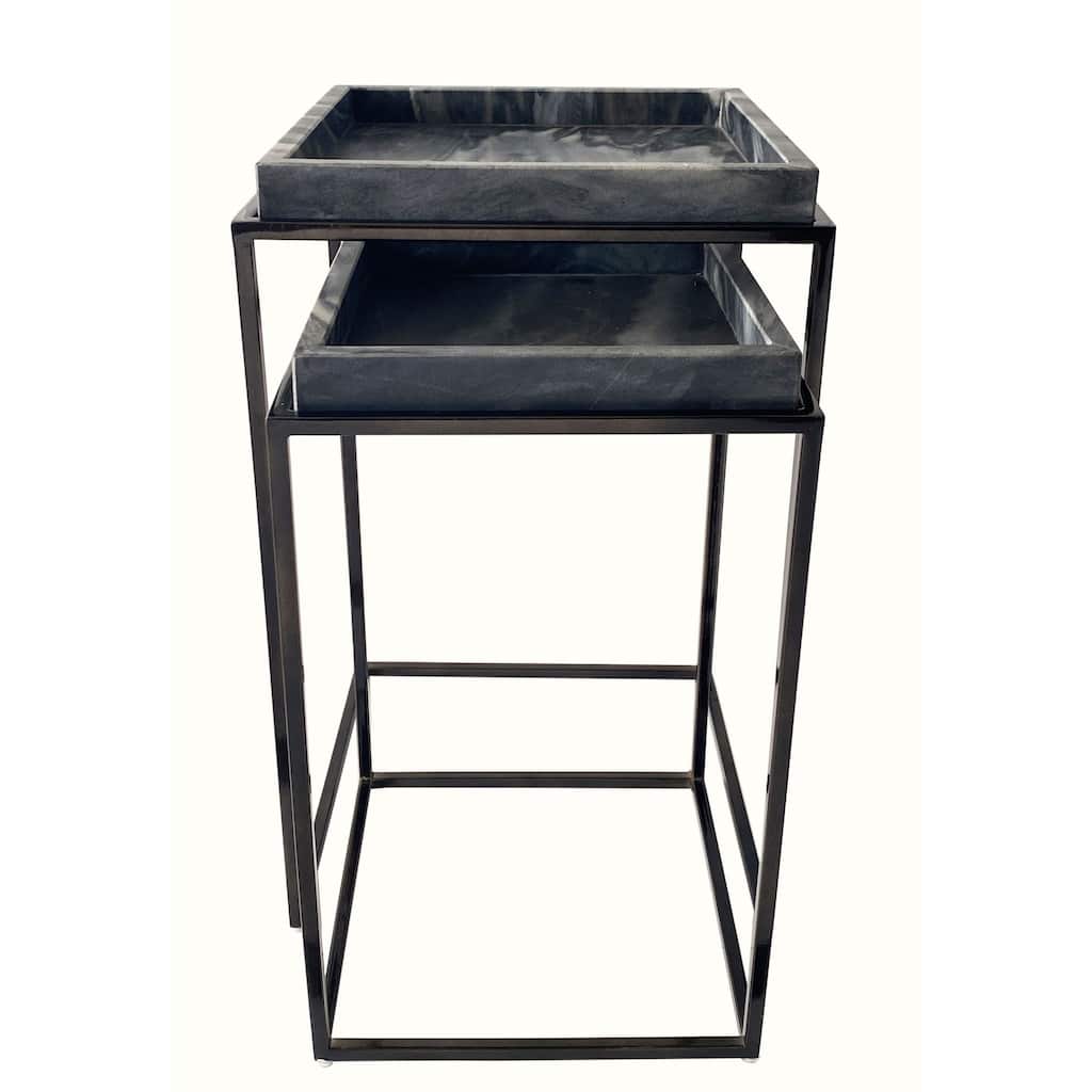 Set of 2 Black and Gray Nesting Side Tables with Marble Top