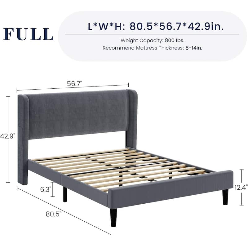 Velvet Upholstered Platform Bed with Wingback Headboard, Wood Slats Support, No Box Spring, Easy Assembly