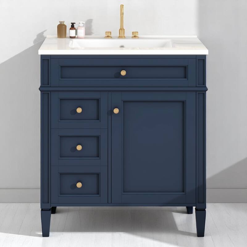 Modern 30 Inch Bathroom Vanity with Top Sink, Soft-Close Doors, Hidden Storage, and Drawer Organizer - Blue