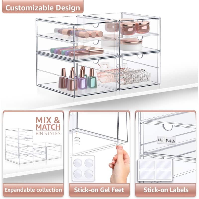 Sorbus Acrylic Cosmetic Makeup Organizer 3 Drawers Clear Stackable Storage Bins For Jewelry And Office Supplies Organizer- 4Pc