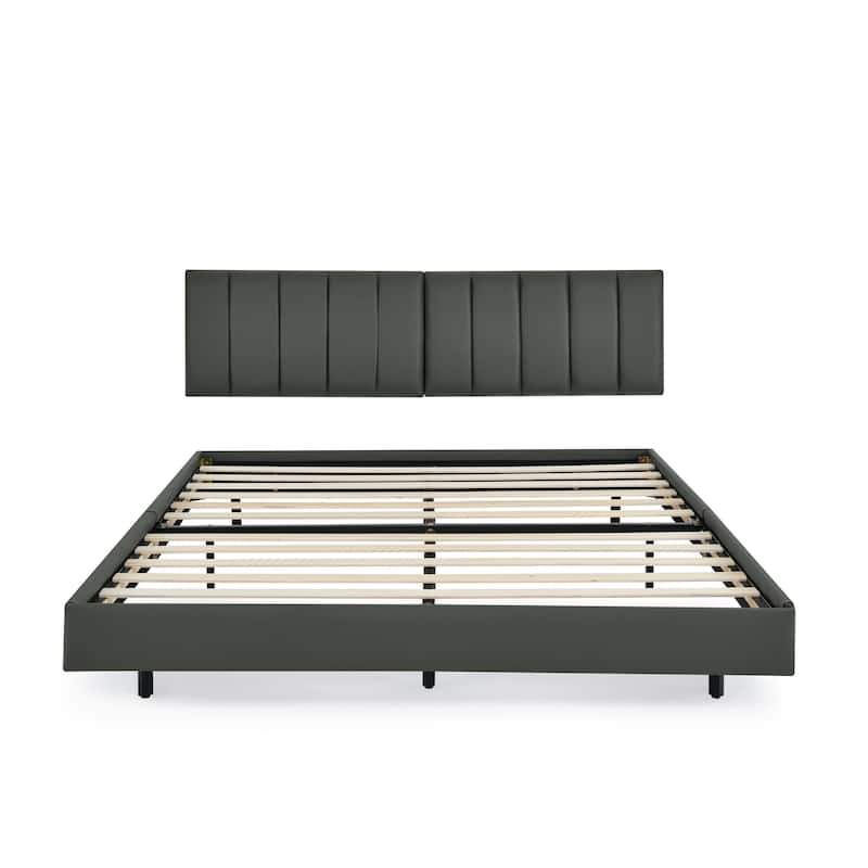 Queen Low Profile Bed Frame Upholstered Platform Bed with Wall Mounted Headboard and Wood Slats, No Box Spring Needed, Grey
