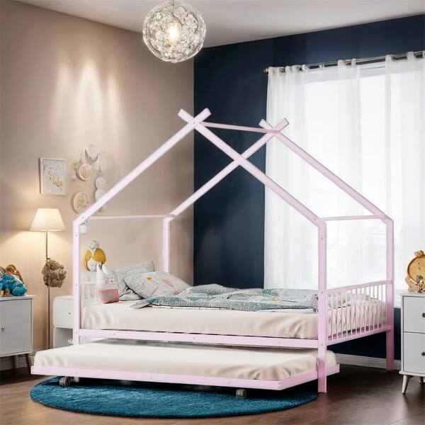 slide 2 of 32, Full Size Metal House Bed with Twin Size Trundle