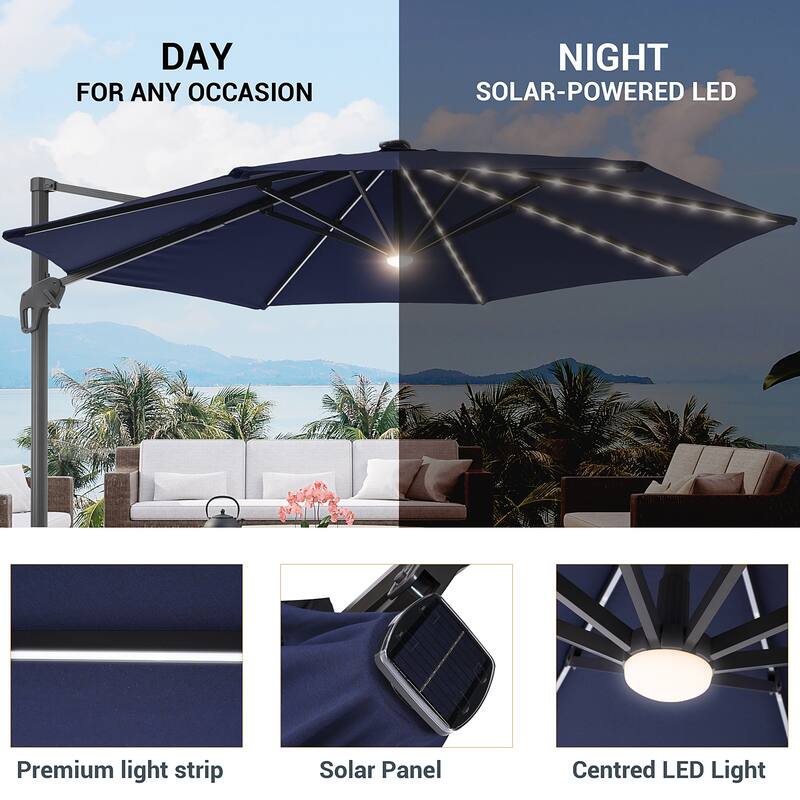 LIVOOSUN 11FT LED Round Patio Cantilever Umbrella With a Base