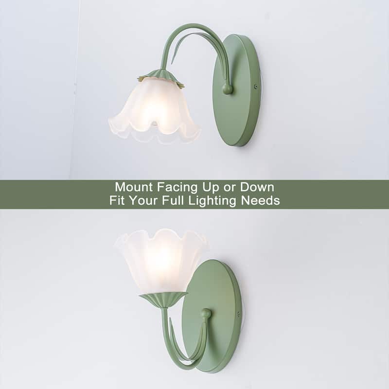Green Metal Flower Frosted Glass Wall Sconce for Bathroom Vanity