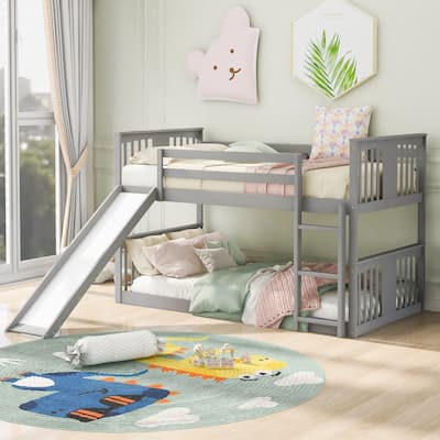 Gray Twin over Twin Solid Wood Bunk Bed with Ladder, Slide, and Fence for Kids
