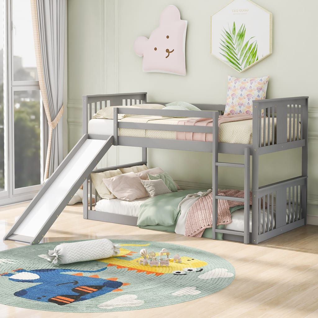 Gray Twin over Twin Solid Wood Bunk Bed with Ladder, Slide, and Fence for Kids